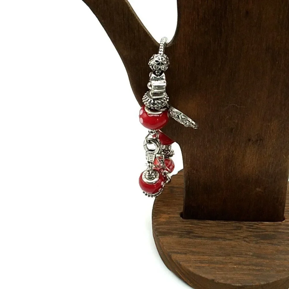 Bling Silver-tone & Red Beaded Charm Slider Bracelet on Snake Chain NWOT